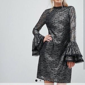 Little Mistress Metallic Cutwork Lace Swing Dress With Fluted Sleeve Detail